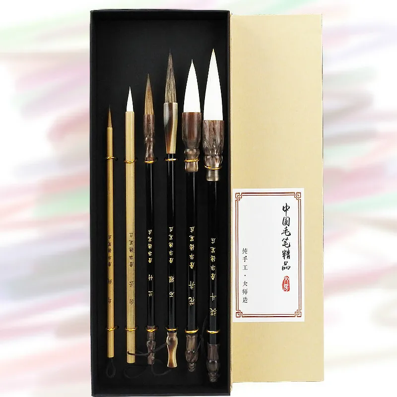 6pcs/set Calligraphy Brush Pen Set Chinese Landscape Painting Bird Peony Painting Brushes S/M/L Regular Script Writing Brushes