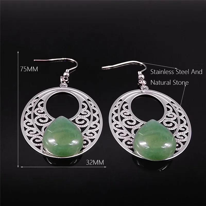 

Bohemian Flower Oval Natural Stone Stainless Steel Big Earrings Women Silver Color Drop Earring Boho Jewelry bijoux EXS04