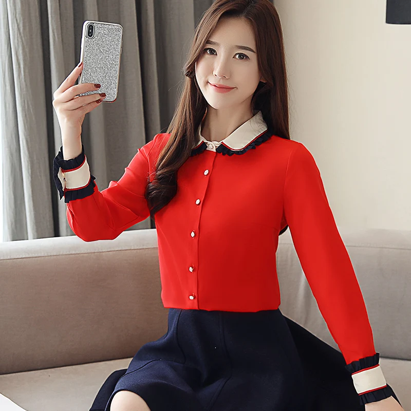 Женская шифоновая блузка с воротником Питер Пэн элегантная цветная длинным