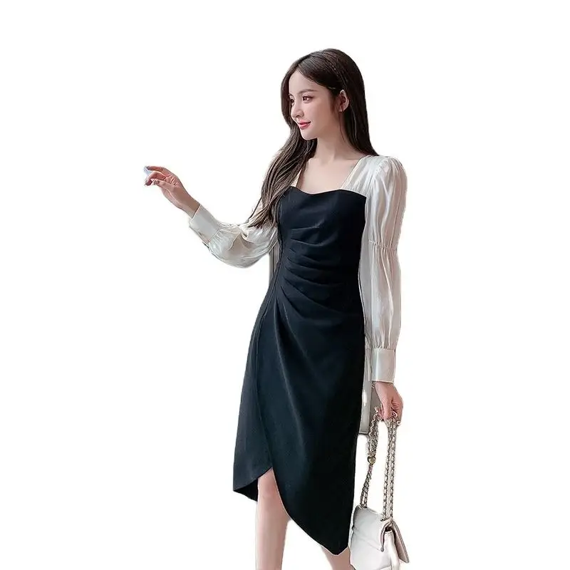 

Женское плиссированное платье с разрезом, юбка контрастных цветов с воротником, новинка сезона осень-зима 2022