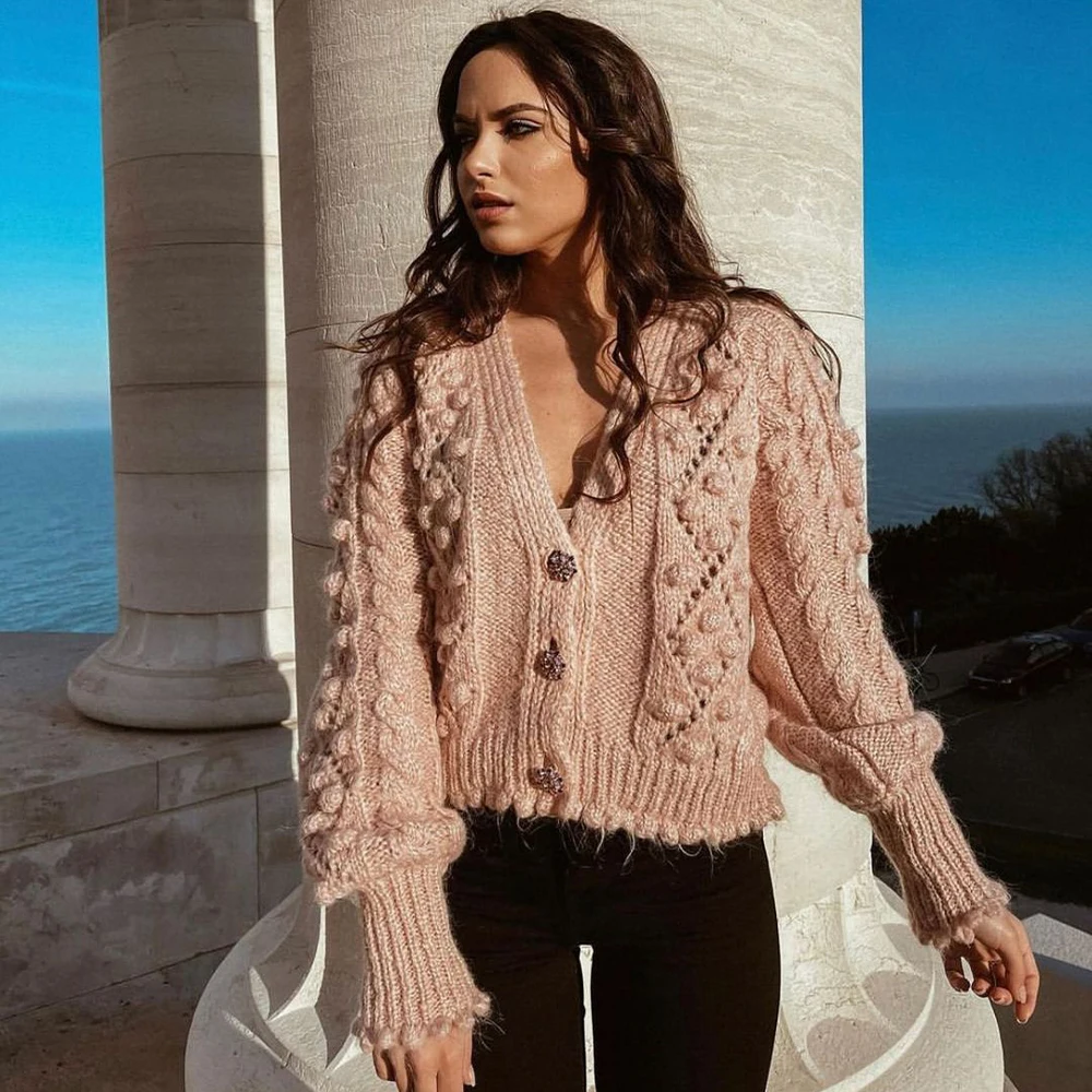

New Pop Women Pink Knit Cardigan Sweater Long Sleeves Gem Buttons Casual Vogue Cozy Warm Woman Sweaters