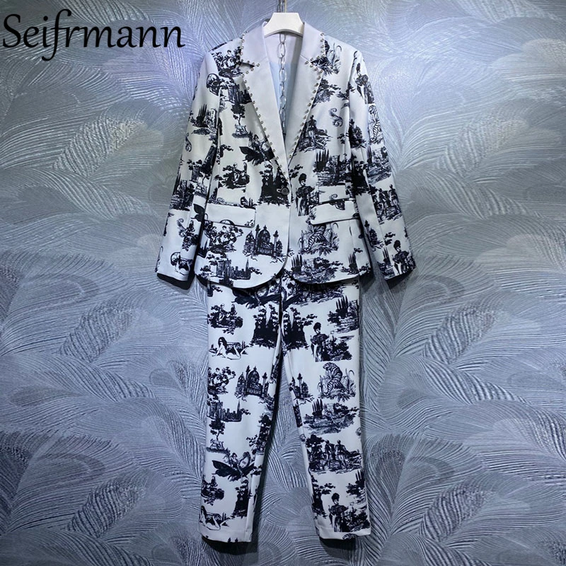 

Seifrmann New 2021 Summer Women Fashion Runway Pants Suits Long Sleeve Vintage Coat + High Waist Floral Print Pant 2 Pieces Suit