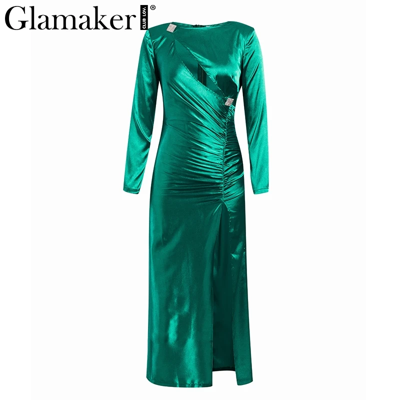 Glamaker, зеленое, сексуальное, сатиновое, макси, зимнее платье, женское, с длинным рукавом, с вырезом, с разрезом, осеннее платье, элегантное, длинное, облегающее, женское платье