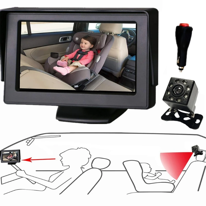 Espejo con visi&oacute;n nocturna para beb&eacute;, asiento de coche de seguridad para beb&eacute;, parte trasera, pantalla HD de 4,3 pulgadas, Monitor para beb&eacute; con c&aacute;mara-5