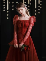 exquisite red wedding dresses for women elegant square collar long sleeve toasting gown back bandage slim bridal dress