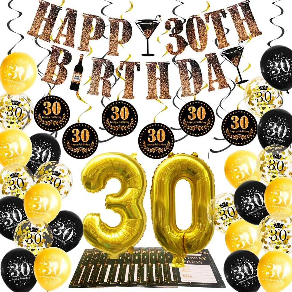 

Black Gold 30th 40th 50th 60th Birthday Party Decorations Adult Happy Birthday Balloons Banner Cake Topper Party Supplies