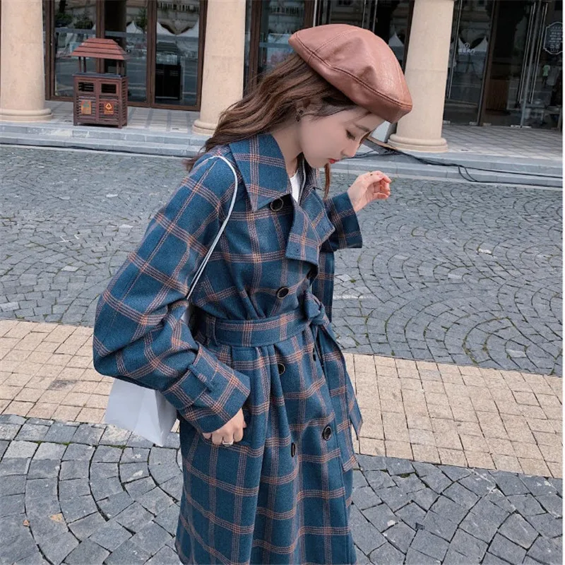 

Plaid Windbreaker For Women 2020 New Spring Autumn Korean Loose Slim Belt Over The Knee Trench Coat Plus Size Outcoat Blue W2194