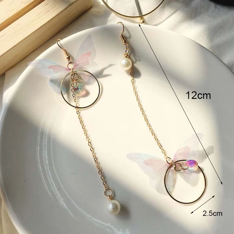 

1Pair Korean Retro Asymmetric Butterfly Imitation Pearl Earring Fashion Round Flower Long Statement Wings Earrings Jewelry Gifts