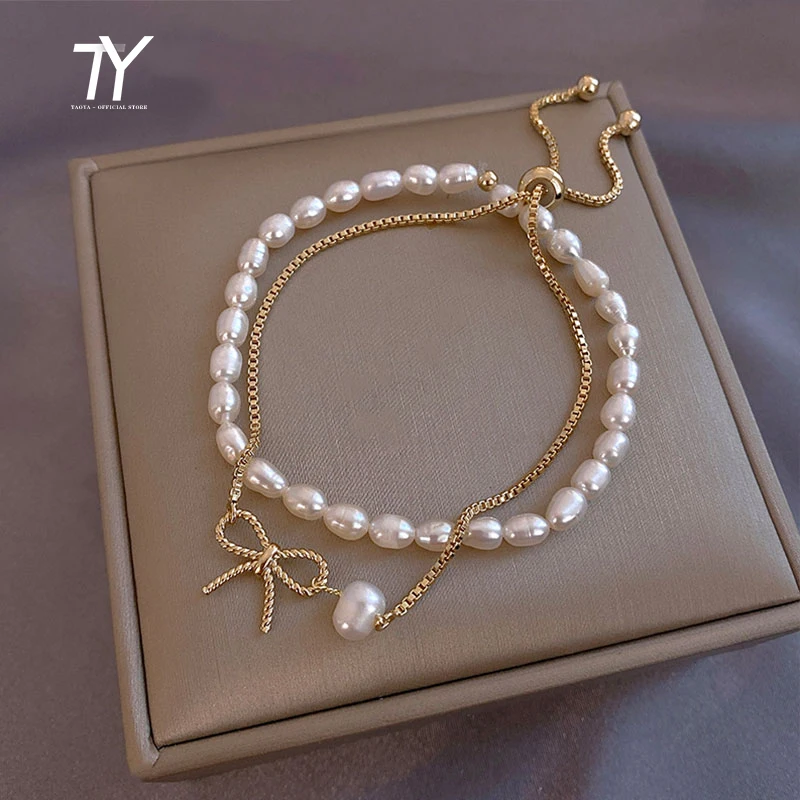 

Elegant Natural Pearl Bow Gold Colour Detachable Bracelet For Woman New Korean Fashion Jewelry Lady Sweet Temperament Bracelet