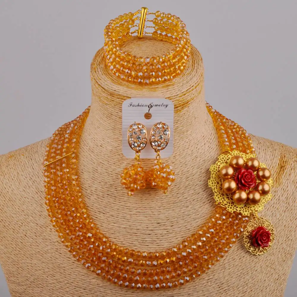 

Champagne Gold AB Crystal Beaded Necklace African Jewelry Set Women Nigerian Beads Jewelry Sets