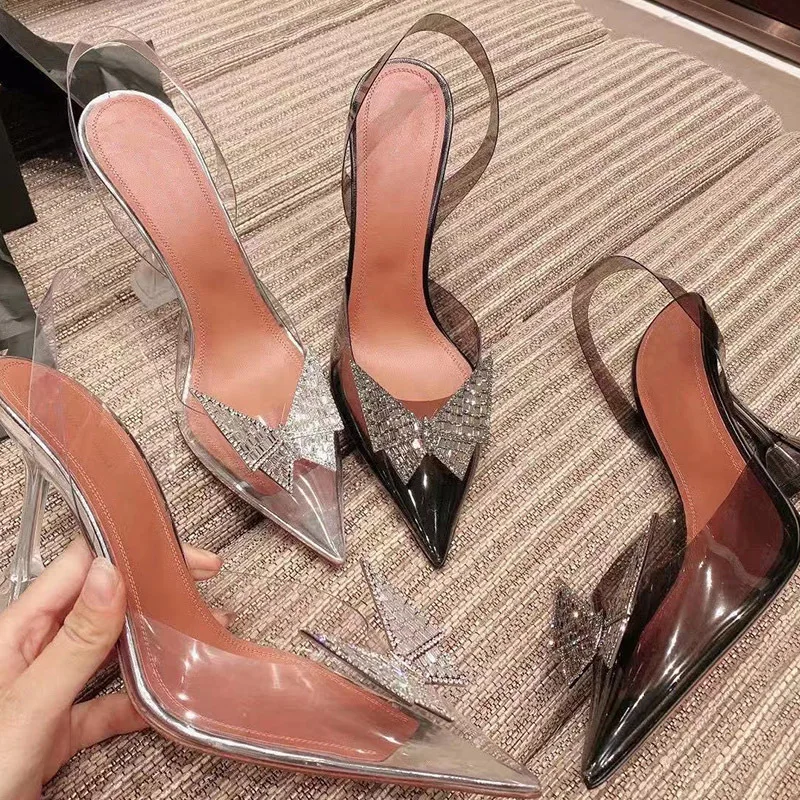 

2021 New Pointed Transparent Sandals Women's Bun Water Drill Bow Wine Glass Heels