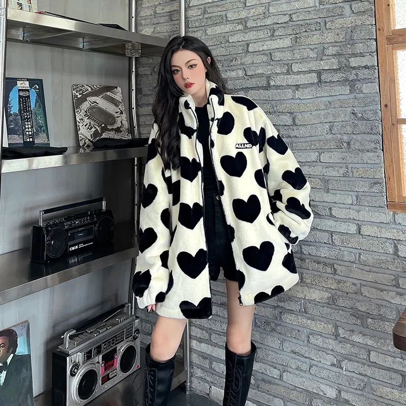 Harajuku Heart Full Print Plush Jacket Women Winter Jacket 2021 Korean Large Size Long Sleeve Hooded Cotton Coat Thick Warm