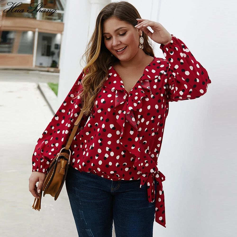 

Polka Dot Blouse Women Summer V Neck Long Sleeve Ruffles Chiffon Blouse Shirt Plus Size Loose Oversized Ladies Tunic Tops