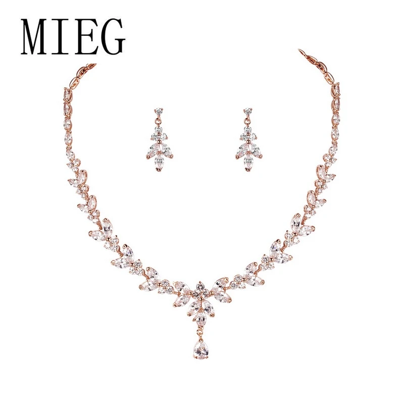 Бренд MIEG, свадебное ожерелье и серьги с кубическим цирконием, ювелирный набор из белого золота/розового золота/желтого золота