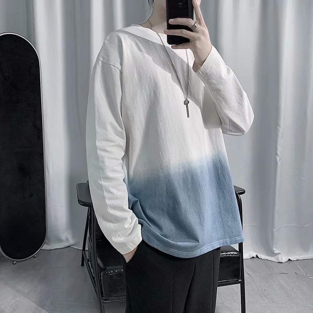 Блузка мужская с длинным рукавом градиентная дышащая свободная футболка круглым