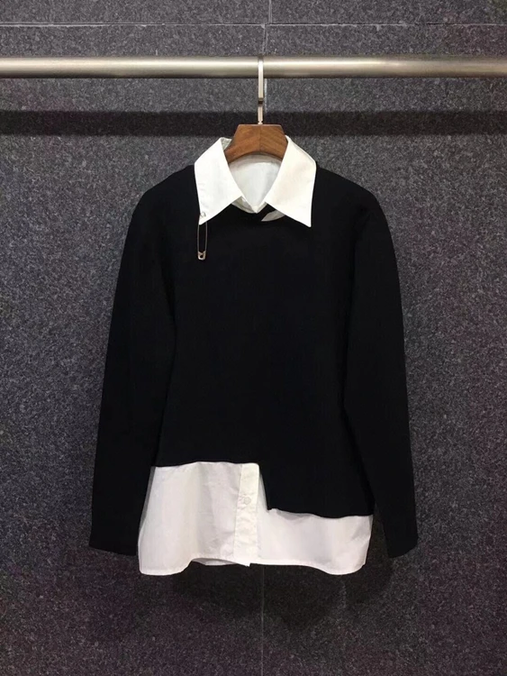 

2021 new women fashion color matching stitching lapel pin long sleeve fake two-piece top 901