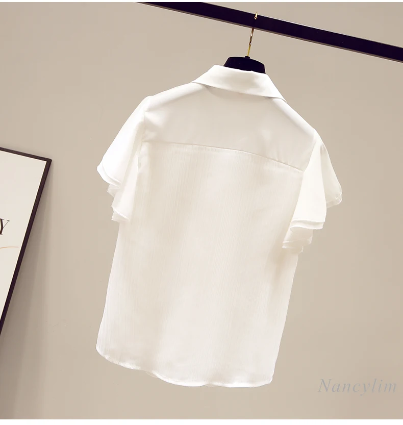 Chemise blanche en mousseline de soie pour femme, hauts à manches volantées, col de poupée, pour étudiantes, assorti à tout, été 2021