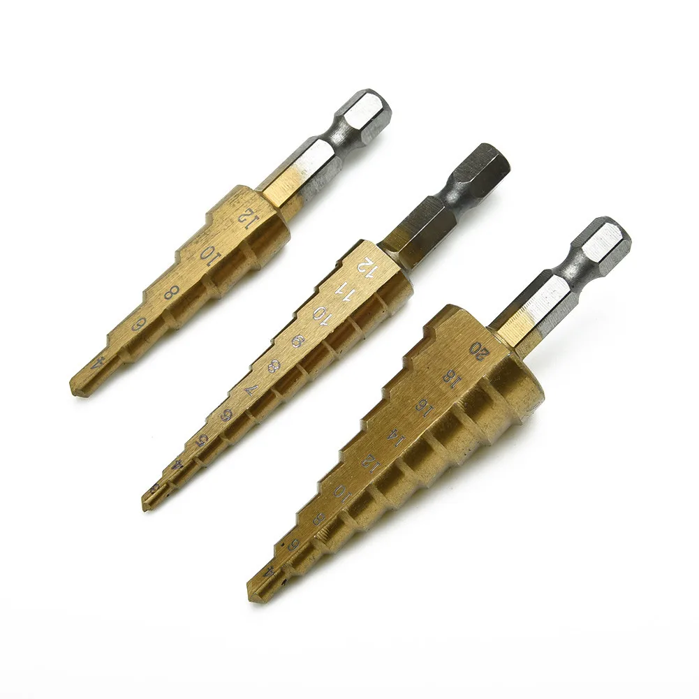 

3pc Hss Step Drill Bit Set Cone Hole Cutter Taper Metric 4 - 12 / 20 / 32mm 1 / 4 "titanium Coated Metal Hex Core Drill Bits