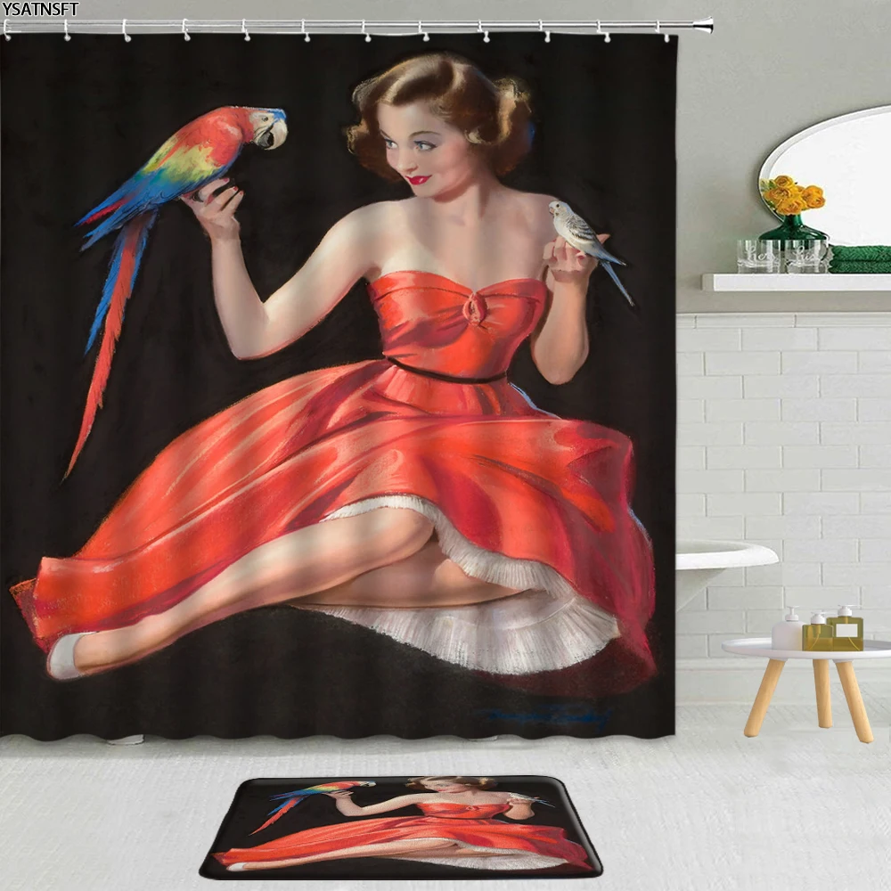 

2Pcs Sexy Woman Shower Curtain 3D Fashion Bikini Model Girl Seaside Scenery Fabric Non-Slip Bath Mat Cloth Curtains Bathroom Set