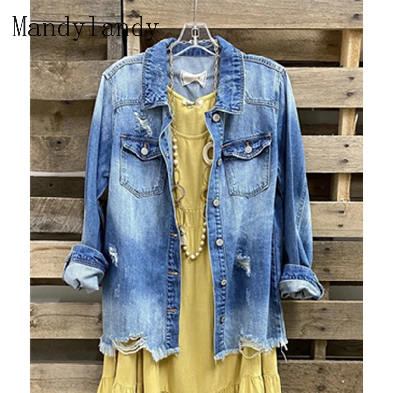 

Mandylandy Women's Fashion Blue Ripped Denim Jacket Lady Casual Long Coat with Pockets Loose Casual Coat Punk