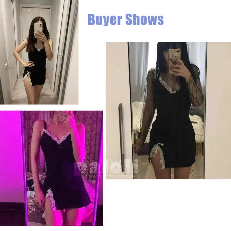 Сексуальное Кружевное лоскутное Черное мини-платье на тонких бретелях пижама с