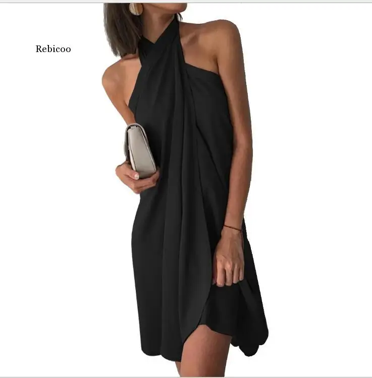 

Сексуальное черное летнее платье с открытой спиной, женское винтажное мини-платье с лямкой на шее, Пляжное женское платье, наряды для ночног...