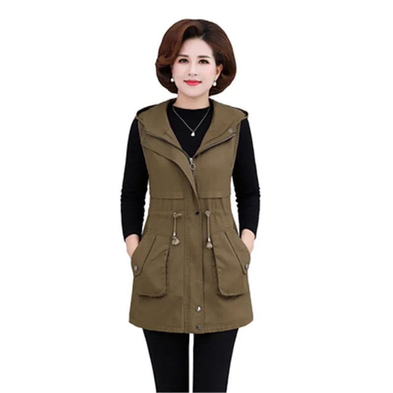

Spring and autumn casual pocket vest mid-length hooded waistcoat vest zipper plus size middle-aged and elderly women jacket 528