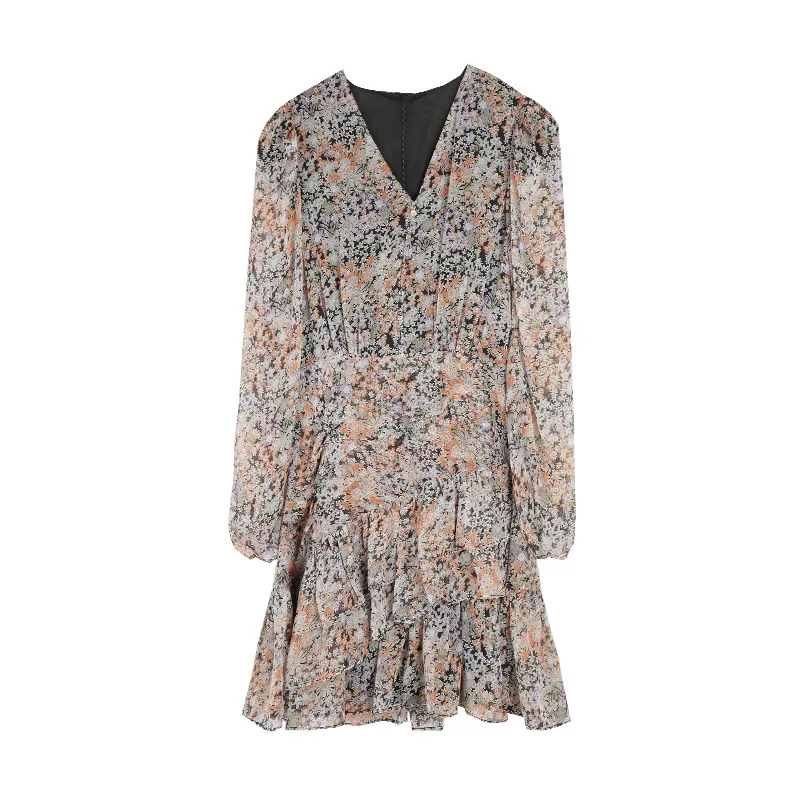

2021spring New Floral Dress Fresh Romantic Puff Sleeve Ruffled Skirt