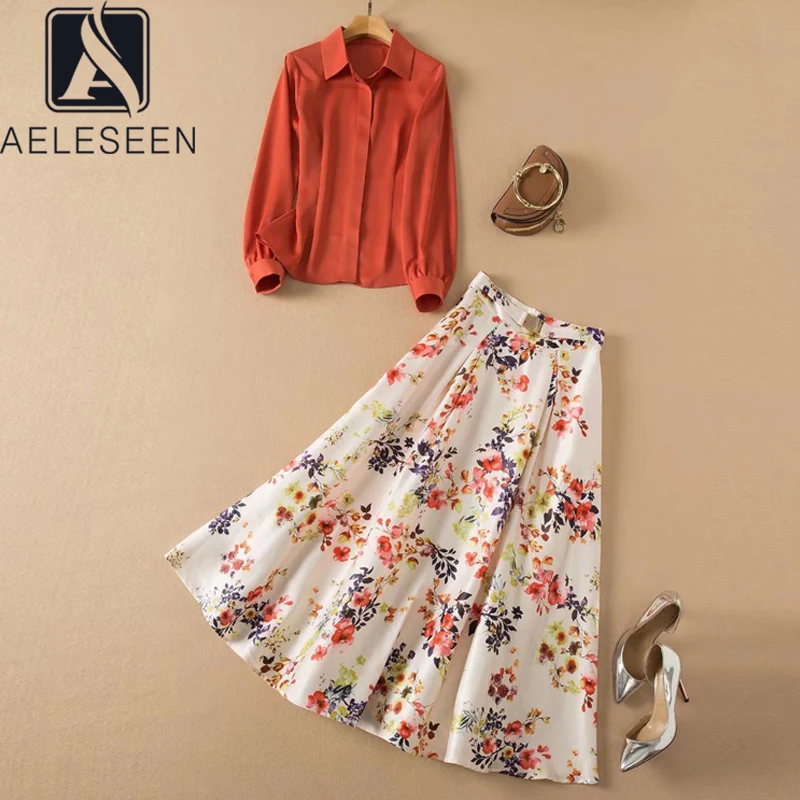 

AELESEEN Fashion Runway 2022 Spring Set Women Red Shirt+High Waist Flower Printed Skirt Fashion Party 2 Pieces Set