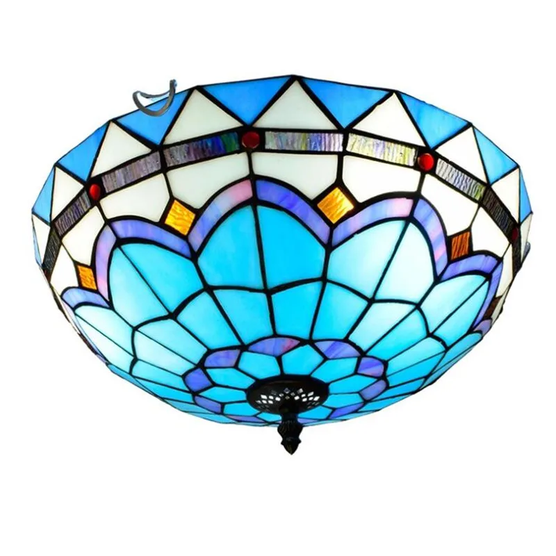 Mediterranean Tiffany Baroque Style Blue Stained Glass Pastoral Round Art LED Ceiling Light for Bedroom Aisle Light Fixture
