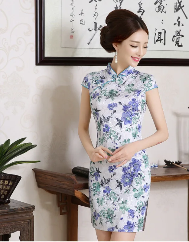 SHENG COCO Flowers Qipao Traditional Chinese Dress Cotton Ladies Cheongsam Vintage Qi Pao Beautiful Daily Chinese Style Dresses