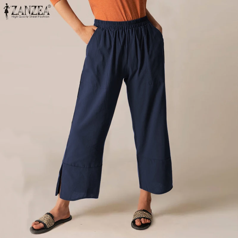 Фото Женские осенние брюки ZANZEA Модные шаровары повседневные штаны с эластичной