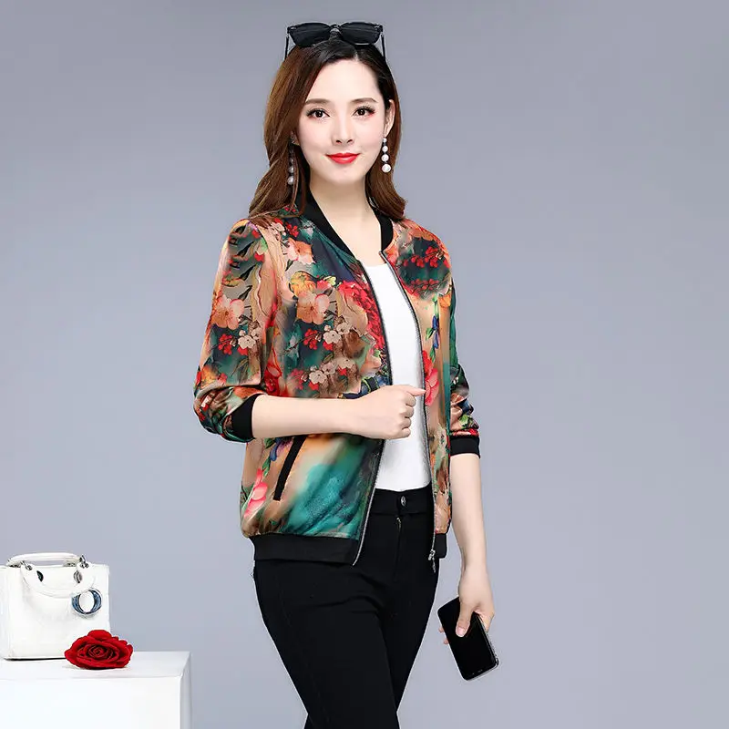 Женская куртка-бомбер с цветочным принтом на молнии в стиле ретро весна 2019 летняя