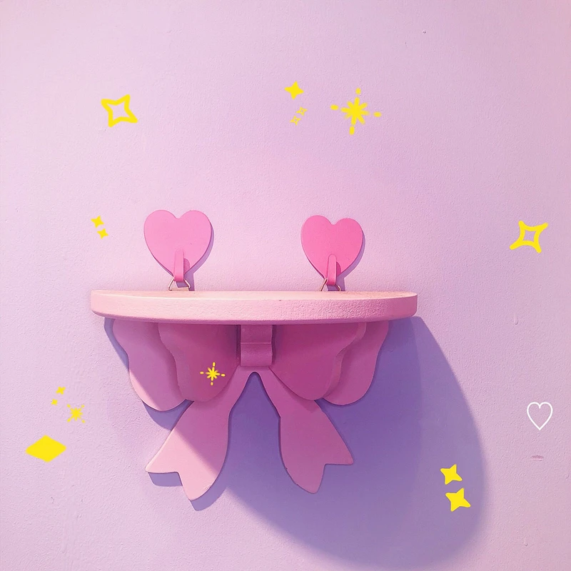 Japanese Kawaii Pink Bow Bedroom Shelves Wall-mounted Cosmetic Wooden Storage Rack Girly Heart Room Decoration Wall Shelf | Дом и сад