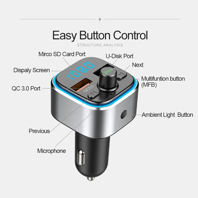 T32 RGB автомобильный fm-передатчик Bluetooth 5 0 Handsfree беспроводной MP3 радио адаптер плеер
