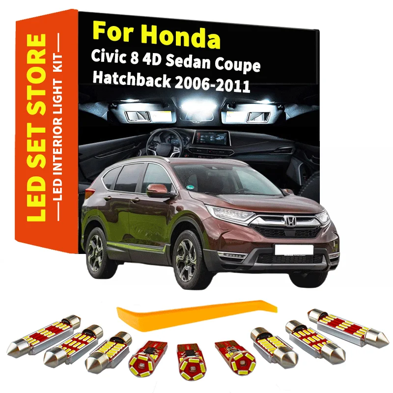 8Pcs Canbus For Honda Civic 8 4D Sedan Coupe Hatchback 2006-2010 2011 Vehicle Led Interior Map Dome License Plate Light Kit