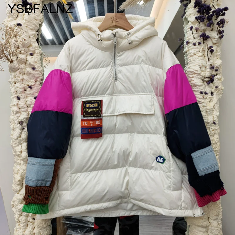 

2021 Down Coat Parka Womens Winter Thick Fashion Patchwork Hooded Sweater Casual Down Jackets Female Short Loose Warm Overcoat
