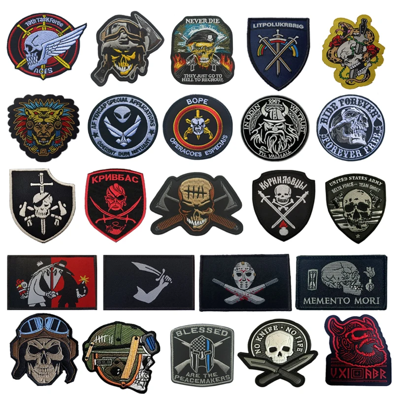 

Нашивки с черепом, военные тактические вышитые нашивки с крючком, нашивки для одежды, нарукавники из ПВХ, резиновые кепки, рюкзаки, декорати...
