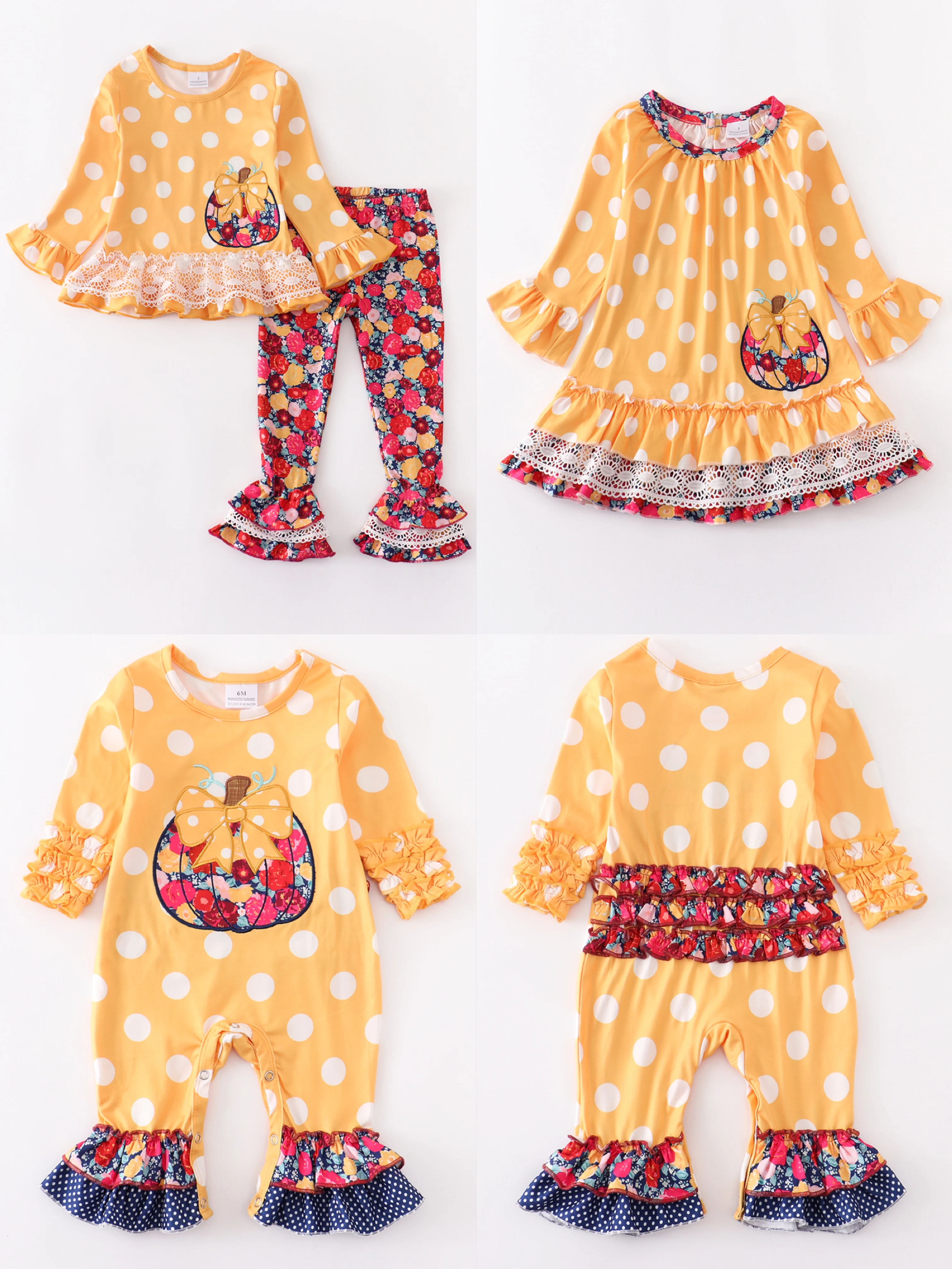 

Girlymax Fall Autumn Baby Girls Mustard Polka Dot Pumpkin Floral Dress Romper Pants Ruffles Set Cotton Family Look Kids Clothing