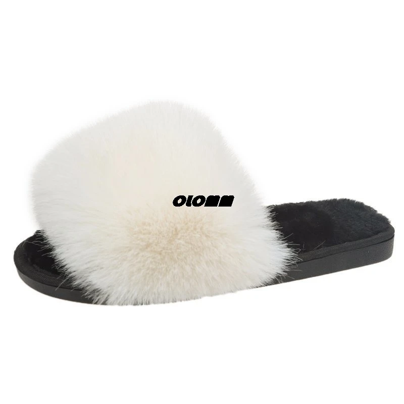 

Lady Colorful Fake Fox Fur Slides Vogue Fluffy Slippers Plush Faux Fox Hair Slides Furry Flip Flops Women's Outside Sandals