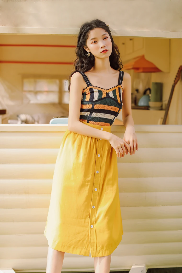 Новинка 2020 летний модный Цветной полосатый вязаный желтый жилет без рукавов топ +