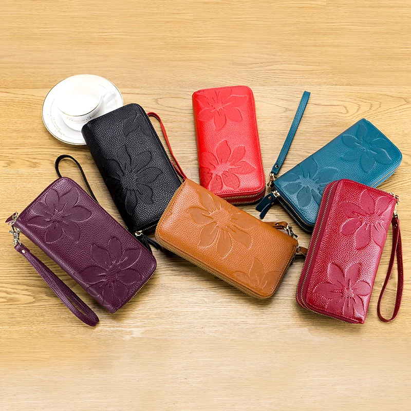 Women Wallet Double Zipper   First Layer Cowhide Large Capacity Long Clutch  Genuine Leather Purse New Mobile Phone Bag Wallet