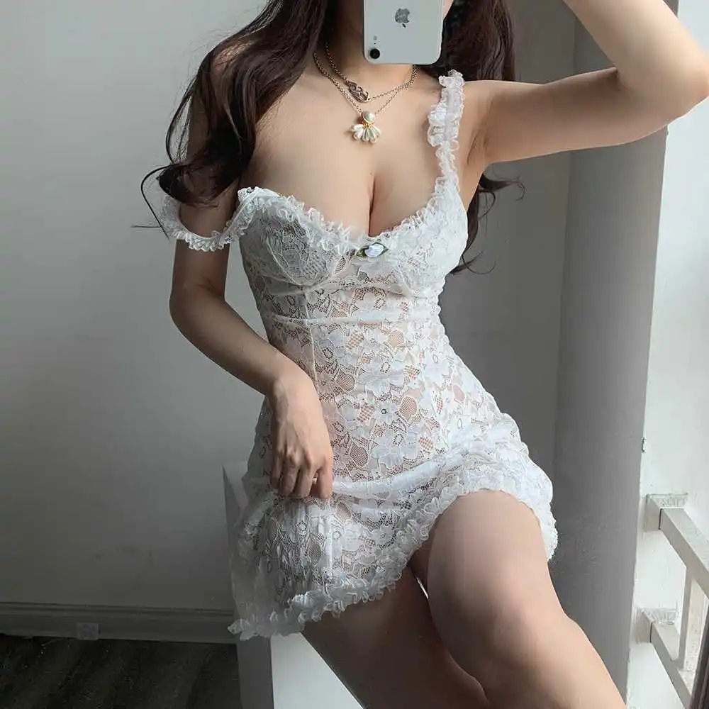 

Kywommnz Women's Wear - French Lace Dress, Collar, Low Cut, Sexy, Temptation, Perspective Lace, Mesh, Home Sling, Qa87