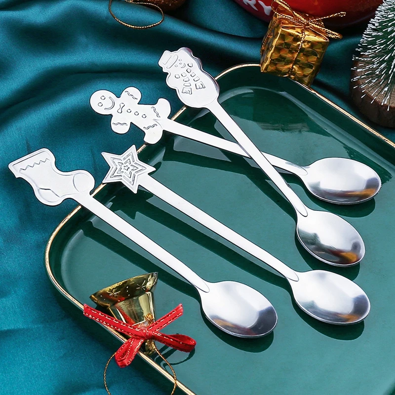 

1PC Small Stainless Steel Christmas Tableware Coffee Spoons Ice Cream Dessert Spoon Snowman Tree Kids Drinking Tea Scoop