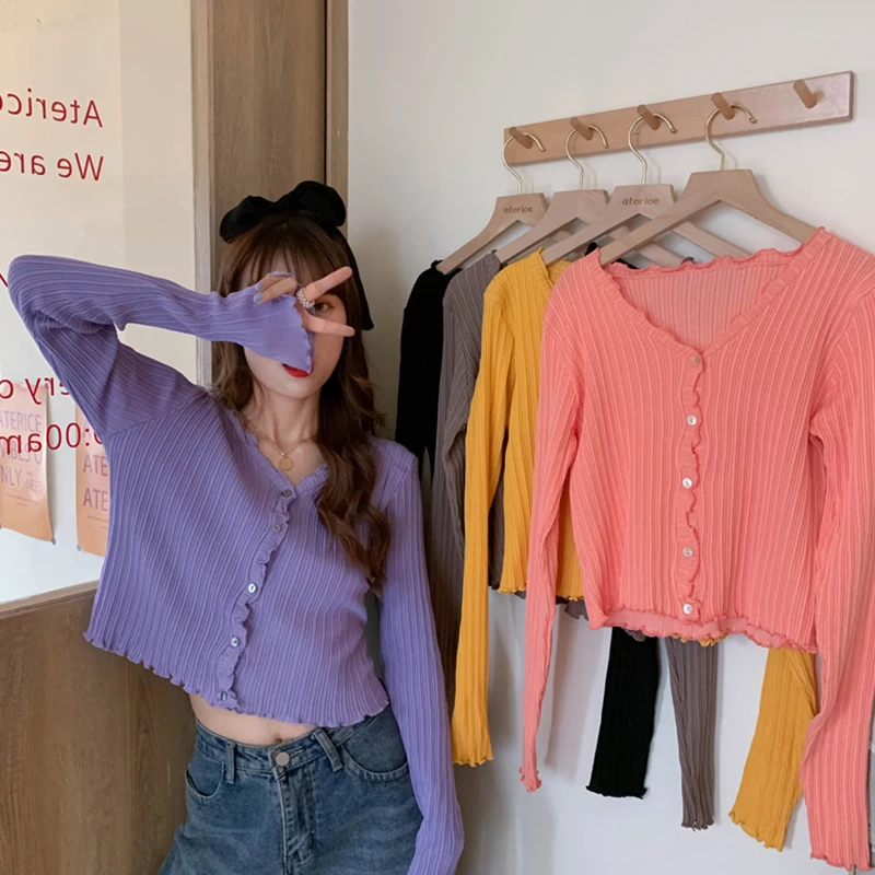 

Zoulv Lady Knitting Soft Thin Summer Cardigan Outwear for Female Women V-Neck Knitted Casual Ruched Short Sweaters Cardigans