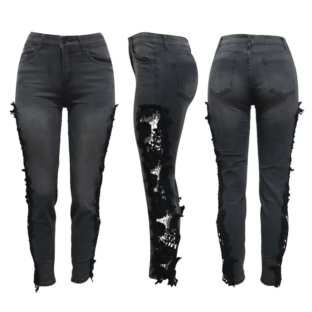 

Autumn new solid color sexy nightclub lace jeans fashion stitching mid waist button women's Leggings