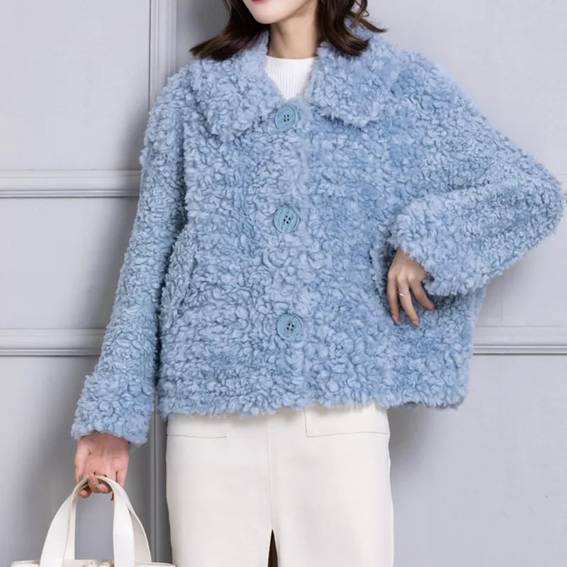 

Women Autumn Winter Fashion Solid Color Loose Real Lamb Wool Coat Female Casual New Warm Fur Leather Ladies Brand Outerwear M750