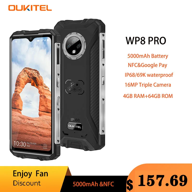 OUKITEL WP8 Pro NFC Android 10 IP68 Rugged Sports Mobile Phones 6.49'' Max Fingerprint 4GB 64GB 5000mAh 16MP Triple Camera 2021