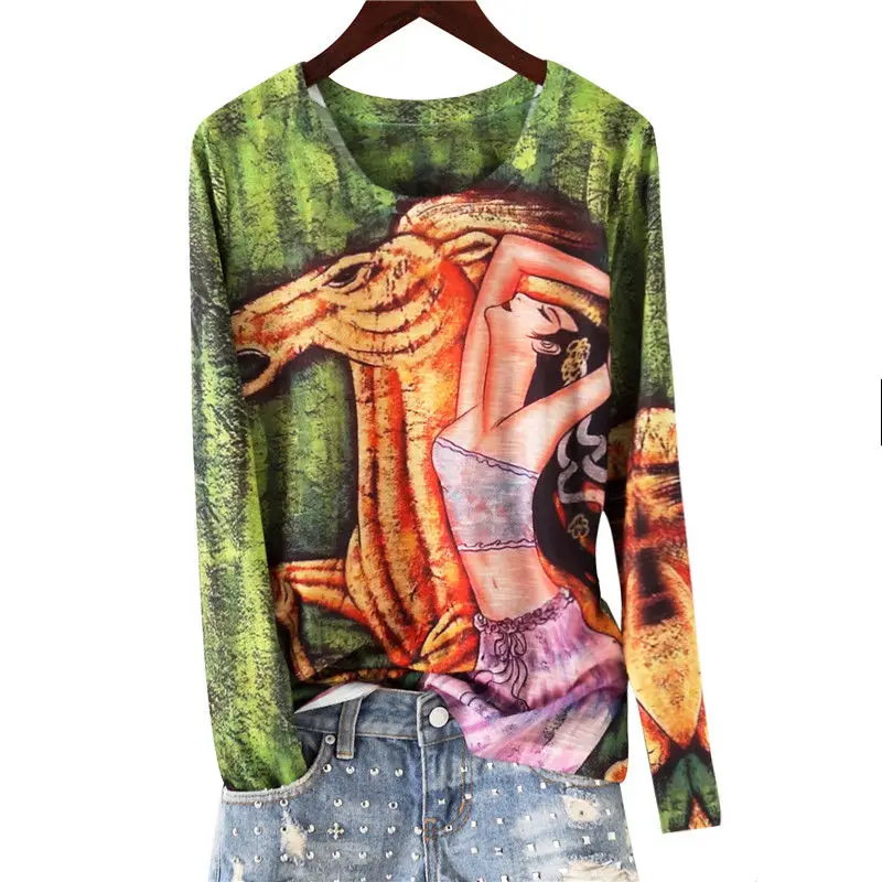 

2021 Spring New Vintage Blue Egypt Girl Tee Shirt Loose Knitted Printed O-Neck Color Cotton Large Base Top Street Wear Women