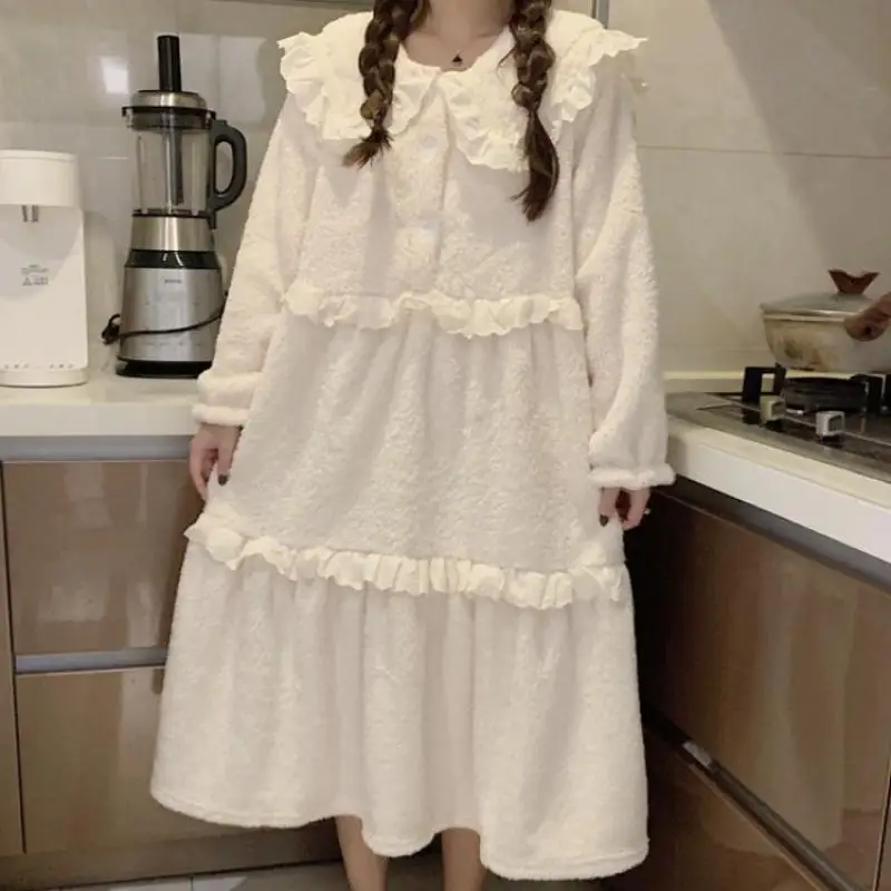 

Winter New Thicken Coral Fleece Nightgown Princess Style Lace Nightdress Women Long Plush Sleepwear Warm Loose Home Dress Ladies